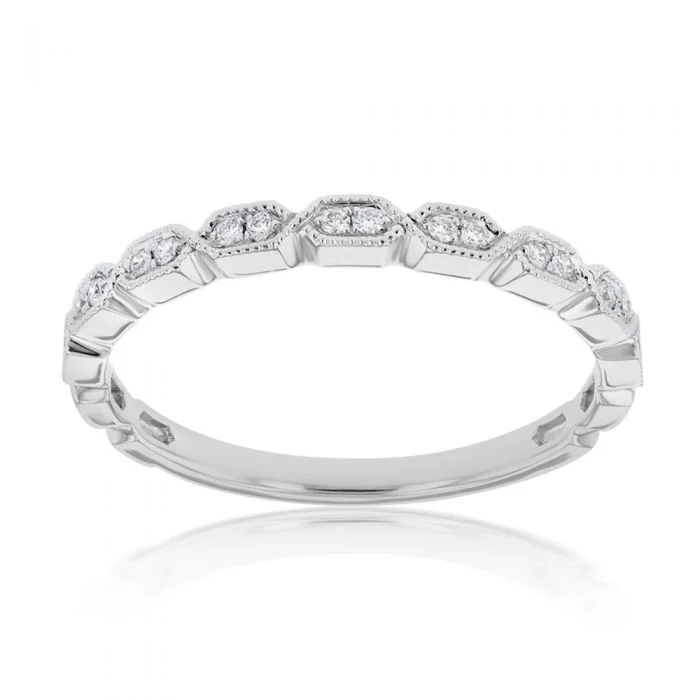 Memoire 18ct White Gold Vintage Round and Flat Hexagon Stack Ring with 18 Diamonds