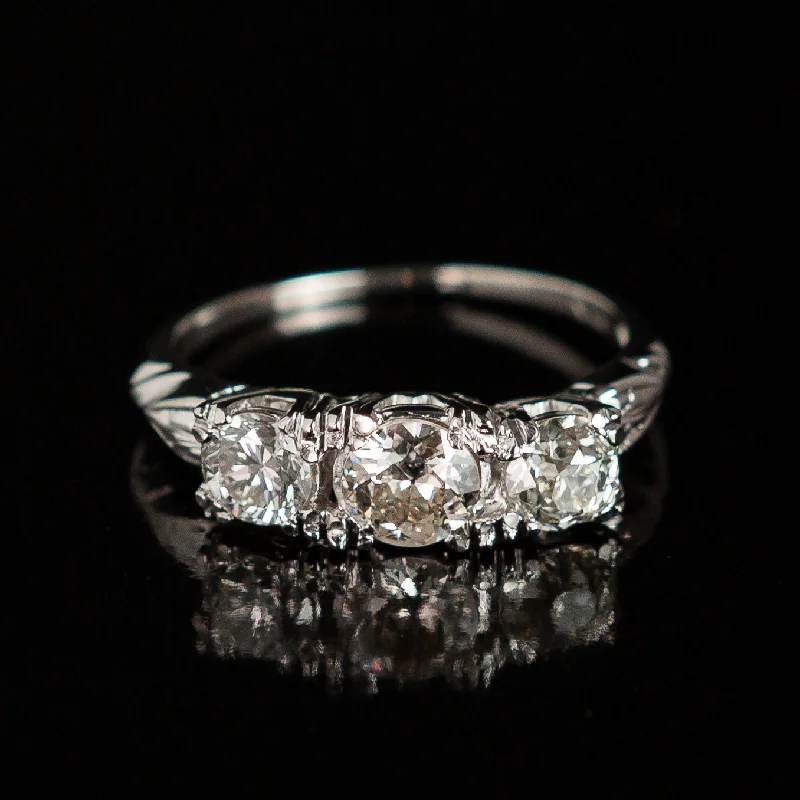 Midcentury 3-Stone Old European Cut Diamond Ring in 14k Gold