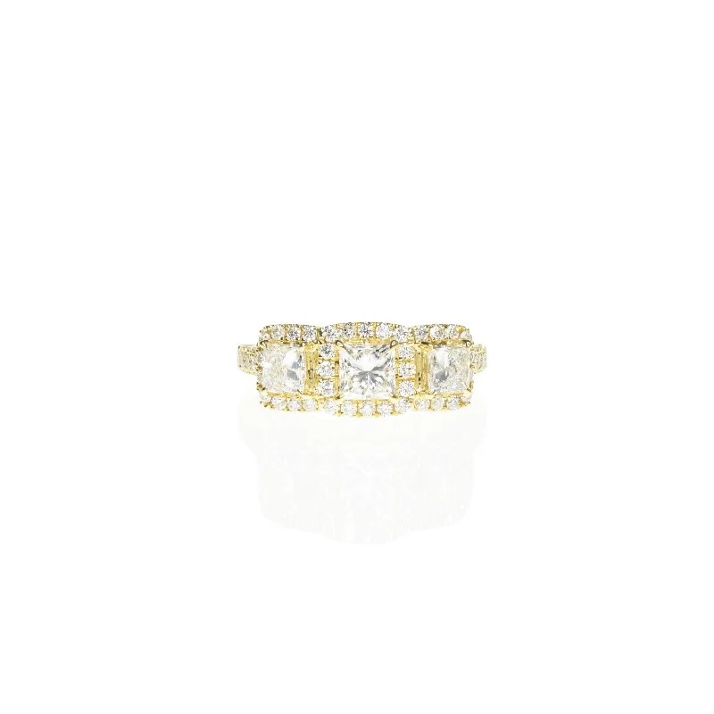 Three-Stone Princess Cut Diamond Ring with Halos