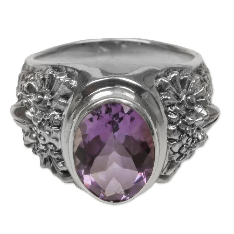 NOVICA Handmade Sterling Silver Worried Owl Amethyst Ring (Indonesia)