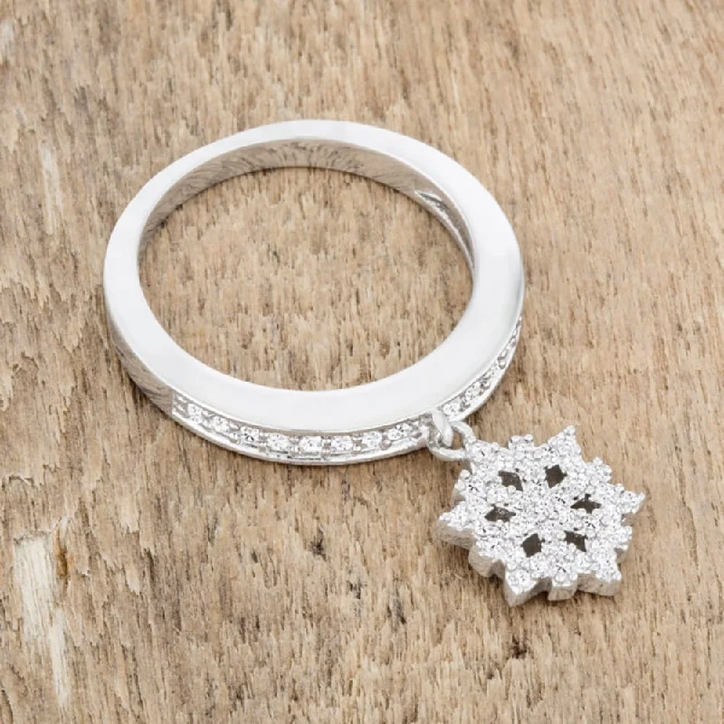 Rhodium Snowflake Simple Holiday Charm Band Ring with Cubic Zirconia