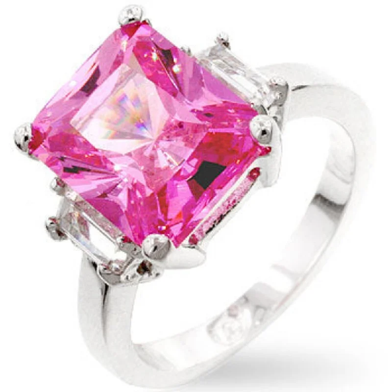 Stunning Pink Triplet Engagement Ring With Silve-Tone