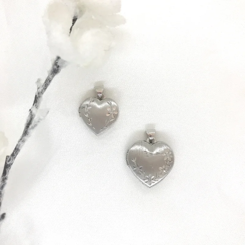 10k White Gold Flower Heart Locket- 2 Sizes